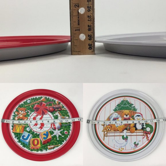2‎ Vtg Christmas Holiday Round Serving Trays Tin - Picture 3 of 8